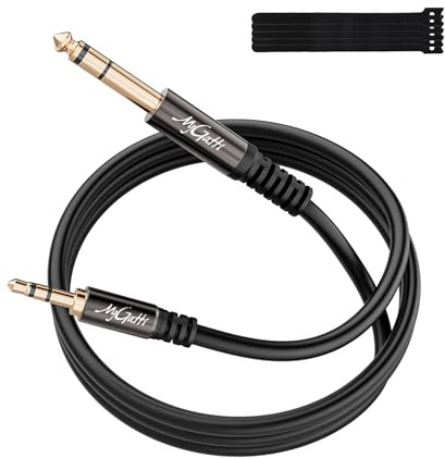 Mygatti 1m Audiokabel 6,35mm till 3,5mm, TRS Stereo Aux Hane till Hane, Kompatibel med Smartphone, Tablett, Förstärkare, Gitarr, Piano, Blandare, HiFi-anläggning etc +5 kabelfästen