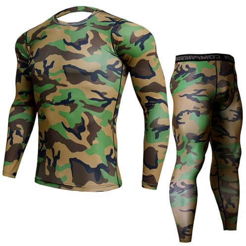 UIKIFY Long Sleeve Base Layer Compression Athletic Underwear Shirt Tights Top & Bottom Set Mens Thermal Compression Suit Cool Quick Dry Base Layer Bottom Underpants Top Camouflage