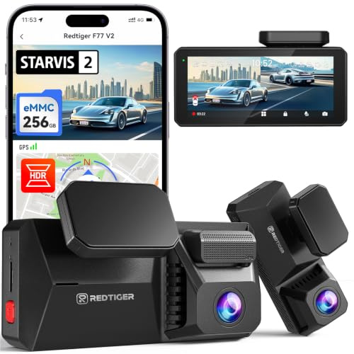 REDTIGER Dual 4K Dashcam Auto mit 256 GB eMMC, STARVIS 2 IMX678 Dash Cam | Vorne Hinten mit Dual-HDR, Sprachsteuerung, 4-Zoll-Touchscreen, Integriertem 5,8-GHz-WLAN,GPS, HDR-Nachtsicht (F77 V2)
