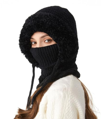 Youkly Bonnet 3 en 1 pour femme, bonnet d'hiver chaud tricoté avec écharpe et masque facial, cagoule en tricot coupe-vent pour l'extérieur, le ski, la randonnée, cadeau d'hiver, Noir , Taille unique