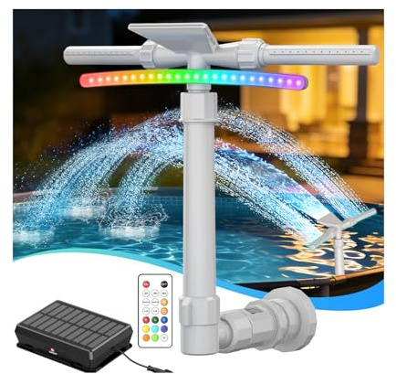 Cascada Solar para Piscina LED 9 Colores | Aspersor Fuente 2 en 1 Doble Cabeza Ajustable, Enfría 5-11℃, Mando a Distancia y Sensor de Luz, para Piscinas Elevadas/Enterradas, Decoración y Fiestas