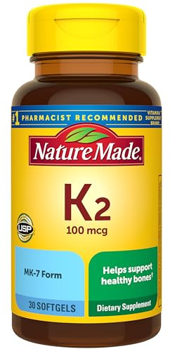 Nature Made Vitamin K2 100 mcg, Healthy Bone Supplements, Vitamin K2 Supplement, 30 Softgels, 30 Day Supply
