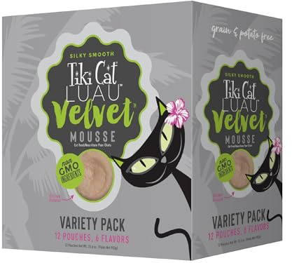 Tiki Cat Velvet Mousse, Protein Blend in Broth Variety Pack, Complete Nutrition for Balanced Diet, Wet Cat Food For All Life Stages, 2.8 oz. Pouch (Pack of 12)