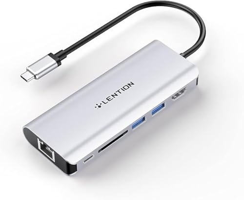 LENTION Hub USB C con HDMI 4K, Lector de Tarjeta SD, 2 USB 3.0, Carga Tipo C & Ethernet para MacBook Pro 2025-2016, Nuevo Mac Air, Surface, iPhone 17 Plus Pro MAX y Más (C68, Plata)