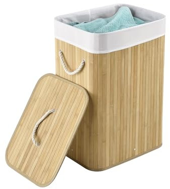 Juskys Bambus Wäschekorb Curly Natur 72L - Hygienischer & Faltbarer Wäschekorb mit Deckel, Tragegriff & Wäschesack - Natürliche Bambus Optik