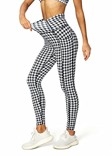 QUEENIEKE Leggings für Damen Hochtaillierte Bauchwegsende Fitnessleggings mit Taschen (Hundszahn-Muster, S)