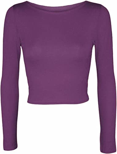 Womens Crop Long Sleeve T Shirt Ladies Short Plain Round Neck Top Ladies Fitness Workout Running T Shirts Plain Cropped Tops (Purple UK 8-10)