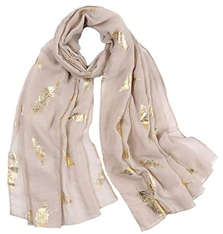 KAVINGKALY Mesdames Plumes Écharpe Rose Gold Glitter Plume Imprimer Foulards Fête De Mariage De Mode châle (Beige)