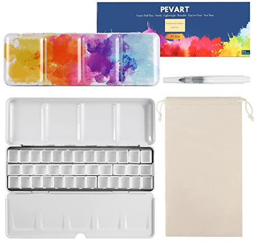 PEVART 40-teiliges Set: 1x Leere Aquarelldose Aquarellkasten Metallkasten leer Mal-Paletten, 37x Leere Aquarell Pfannen Wannen Näpfen für Aquarellfarben, 1x Wassertankpinsel, 1x Stoffbeutel