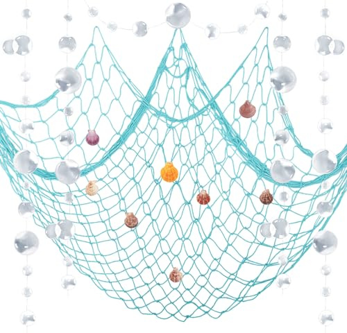 ZERODECO Nautical Decor, Natural Fish Net for Pirate Party, Wedding, Birthday, Beach Theme, Mermaid Decor - Cotton Fishnet With Shells, White Bubble Garlands, Sky Blue