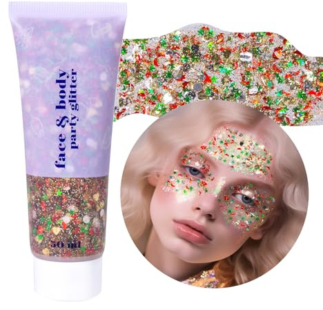 Prreal Body Glitter Gel 50ml, Face Glitters Body Gel Sequins | Shimmer Liquid Eyeshadow, Chunky Glitters for Hair Nails, Holographic Cosmetic Laser Powder Festival Glitter Makeup#Christmas