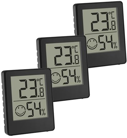 TFA Dostmann Digitales Mini Thermo- Hygrometer, 3er-Set, 30.5039.01.03, Raumthermometer, Temperatur und Luftfeuchtigkeitsmessgerät, Smiley Komfortzone, Raumklimakontrolle, batteriebetrieben, schwarz