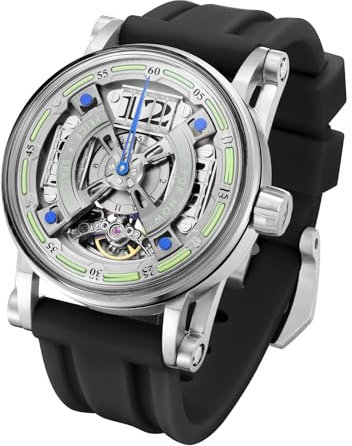 FEICE Skelett Automatik Analog Herrenuhr mit Silikonarmband Schwarz aus Edelstahl Ø44 mm FM501