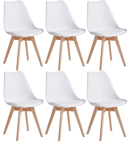 JZGORC Set di 6 Sedie da Sala da Pranzo, Sedie da Cucina Nordica, Sedie da Ufficio con Gambe in Faggio Massello per Camera da Letto, Soggiorno, Cucina - Bianco