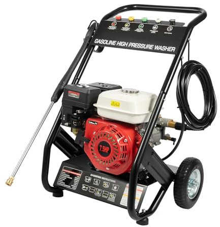 Nettoyeur haute pression à essence 7,5 CV, pistolet haute pression pour jardin, nettoyage à essence avec 5 buses et tuyau pour aspirer l'eau, y compris pour nettoyer les sols, les plantes, les