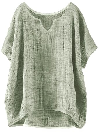 Uwdiohq Tee Shirt Femme, T-Shirt d'Été Grande Taille en Coton Lin à Manches Courtes Rétro Décontracté Respirant Chemise Légère Col en V Mode T-Shirt Élégant Section Basique Couleur Unie