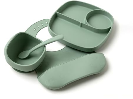 Muchmellow - Set Pappa Silicone MADE IN ITALY 4 Pezzi, Ciotola con Ventosa Anticaduta, Piatto, Cucchiaio, Bavaglino Regolabile, Svezzamento, Plastic Free, BPA Free, Lavabile Lavastoviglie (Verde)