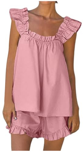 Generisch 2025 Ensembles de pyjama pour femme, tenue 2 pièces, sans manches, vêtements de nuit, haut court à volants et short décontracté, tenue décontractée peignoir femme chat, rouge, XL