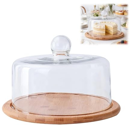 HLGND Cake Stand with Dome Lid, Wood Cake Plate with Clear cover, | Cake tray Flat Cake Display Stand foCakes, for Cakes, Pastries, Cheese Boards - Ideal for Birthday, Wedding, Party,cafe(Flat)