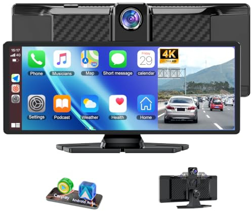 10.26-Inch Wireless CarPlay & Android Auto In-Car Display, | 4K Dashcam (Rotates Nearly 360°) + 1080P Reversing Camera, Bluetooth, AUX, FM, Map Navigation, Split-Screen