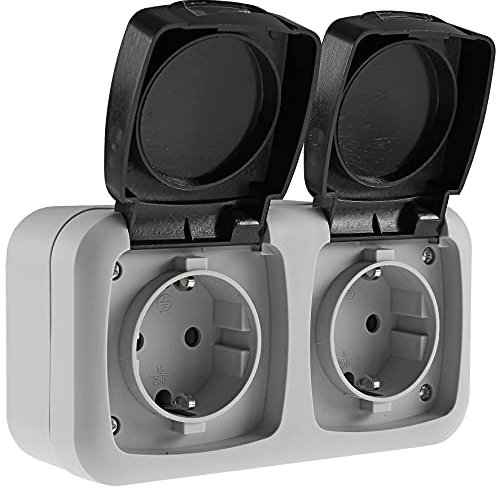 ChiliTec Feuchtraum Steckdose Aufputz 2-fach IP44 Doppel-Steckdose mit Klappdeckel für Aussen Innen 250V 16A vorverdrahtet Spritzwassergeschützt waagerecht Grau