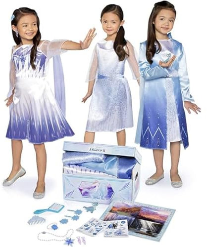 Disney Frost 2 – Elsa Deluxe Maskeradset 17 Delar För Barn 3–6 År Storlek 4–6X – Klänningar, Kappa, Bruni‑figur, Smycken, Tillbehör & Klistermärken – Förvaringslåda Amazon