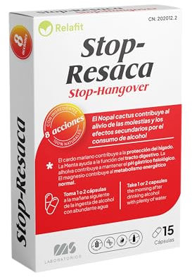 Stop Resaca – 15 Cápsulas | Relafit - Laboratorios MS | Vitamina B12 | Contribuye a la reducción de los efectos secundarios provocados por el consumo de alcohol.