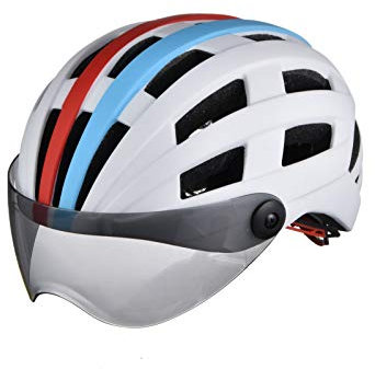 RAILONCH Fahrradhelm mit Visier brillenträger, EPS-Innenschale leichte Multisporthelm mit 26 Belüftungskanäle, Einstellbare Fahrradhelme für Herren Damen Kinder (weiß-rot-blau)