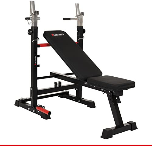 HAMMER Hantelbank Force 4.0 mit Rack, Hantelbank klappbar, Schrägbank, Flachbank, max. 180 kg Körpergewicht, Dipgriffe, Langhantelablage - Trainingsbank verstellbar Home Gym Bankdrücken