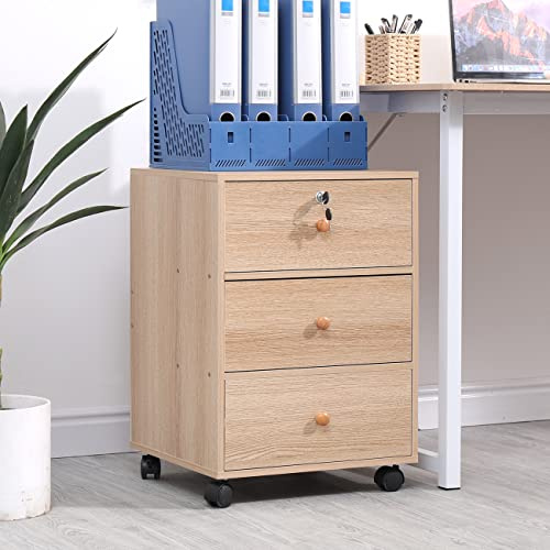 Mobile Lockable File Storage Cabinet with 3 Drawers on Wheels Under Desk Wood Beside Cabinet Pedestal for Unit Document Home Office Printer Stand Filing Side Drawers Nightstand on Caster (walnut)