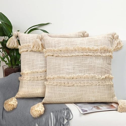 BIRDWING| Decorative Throw Pillow Covers 10x10 Inch, Soft Boho Cotton Couch Cushion Pillow Covers for Home, Set of 2, Beige Color