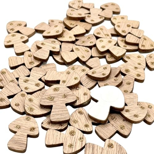 MIJOMA Set von 48 Mini-Holzpilzen 25x20mm - zauberhafte Fliegenpilz-Sticker aus Naturholz mit goldenen Glitterpunkten, für Bastelprojekte, Dekoration, Geschenkverpackungen – Rückseite mit Klebepunkt