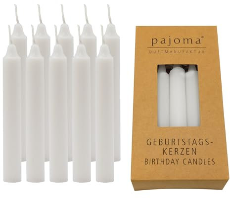 pajoma® 10x Geburtstagskerzen in Weiß - Hochwertige Spitzkerzen | Wachsgewicht: 10g, Brenndauer ca. 1 std. 95 x 13 mm | Premium Stabkerzen, Baumkerzen