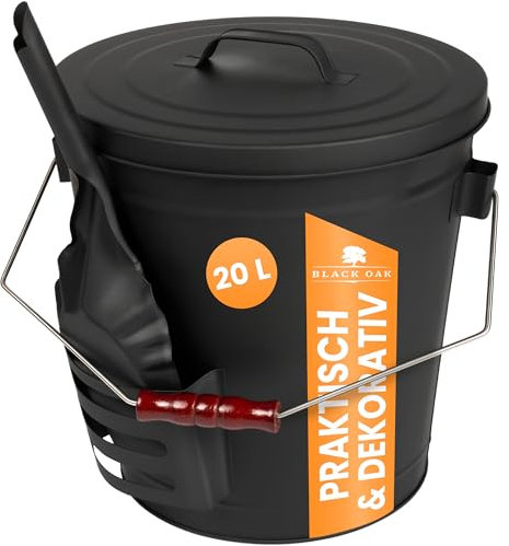 BLACK OAK Ascheeimer Stromboli 20L – schwarz mit Deckel & Schaufel - Bügel Silber - groß 20 Liter Stahl feuerfest verzinkt & pulverbeschichtet Asche & Kohle Eimer Zubehör Kamin Kachelofen Holzofen