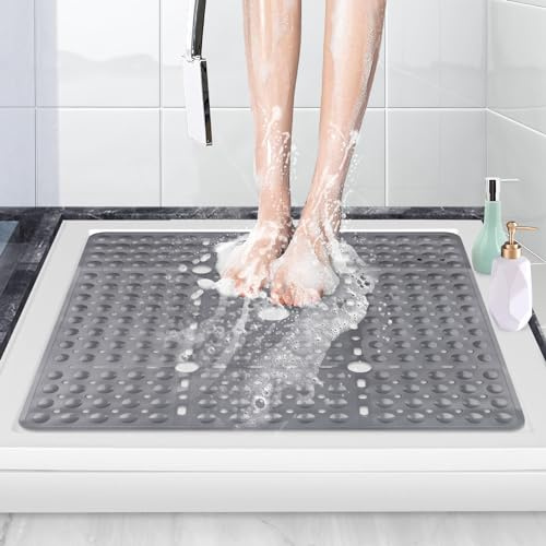 ZOKBOM Tapis de Douche Antidérapant 70x70cm | Grand Tapis de Baignoire Carré avec Ventouse Puissante, PVC Anti Moisissure Tapis de Bain en Caoutchouc pour Personnes âgées,Lavable en Machine (Gris)
