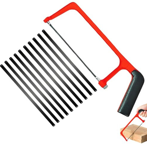 Mini Metallsäge Set mit 10 Austauschbaren Klingen, Rote Schwarze Verstellbare Kleine Handsäge, Professionelle Schwere Junior Bügelsäge für Kunststoff, PVC-Rohre, Dachschindeln & Holzschnitt
