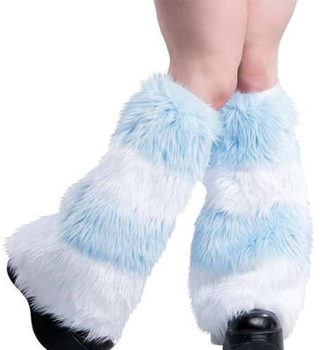 WERNZATT Damen-Beinstulpen aus Kunstfell, warm, für den Winter, Stiefelstulpen, Beinwärmer, Weihnachten, Halloween, Party, Kostümzubehör, Hellblau und Weiß, One size