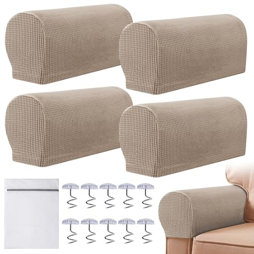 Armrest Chair Covers, Set of 4 Stretch Armchair Covers for Arms Anti-Slip Furniture Protector with Laundry Bag, Machine Washable Arm Chair Sleeves, Armrest Cover for Sofa Couch Recliner, Sand