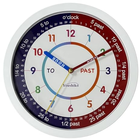 Youshiko Time teaching Learning Clock for Kids, Extra Large Silent Analogue Wall Clock for Classrooms and Kids' Bedrooms - Children Learn (White)