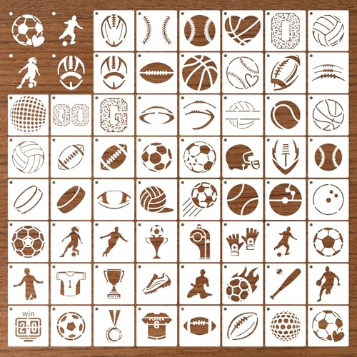Juego de plantillas deportivas de 60 unidades, plantillas de pelota para pintar, plantillas de pintura reutilizables, plantillas de PET para el tema de deportes para madera, tela y libros de colorear