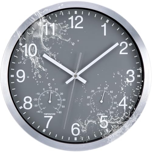 ACCSHINE Reloj de pared impermeable para exteriores – con termómetro e higrómetro, reloj de pared sin tic-tac, silencioso, 30 cm, cuarzo a pilas, grande, Deco de jardín (color gris)