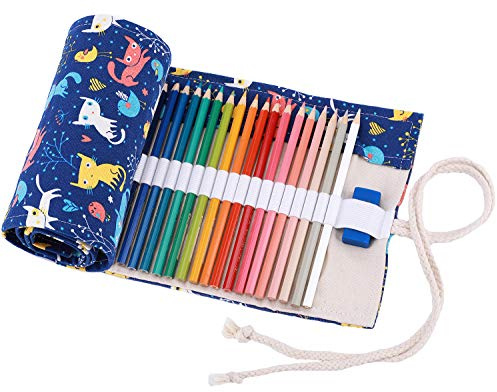 Amoyie Stifterolle Leinwand Mäppchen für 72 Buntstifte, Hand Roll-up Federmäppchen für Reisen/Schule/Büro/Kunst (Keine Schreibzeuge im Lieferumfang), Katze