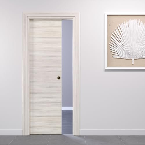 Porte Italiane, Porta Scorrevole Interno Muro, Porta a Scomparsa in Legno, Telaio in HDF e Coprifili Waterproof, Colore Palissandro White, 80x210 cm, con Serratura Cromo Satinato