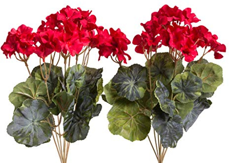 Evergreens künstlicher Geranienbusch mit 7 Stielen und 3 kleinen und 4 größeren Blütenköpfen (2 Stück) (rot)