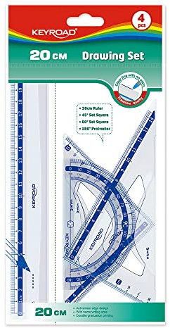 Schullineal-Set - Lineal 20 cm - 45° Winkel - 60° - Winkelmesser 180° - robustes Kunststoffmaterial - Keyroad