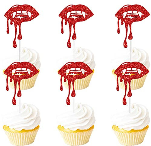 18pcs Red Glitter Halloween Have a Bite Dessert Cupcake Topper Zombie Killer vampire Fantasy Horror Theme Decor Supplies Boy Girl Man Woman Happy Birthday Party Decorations