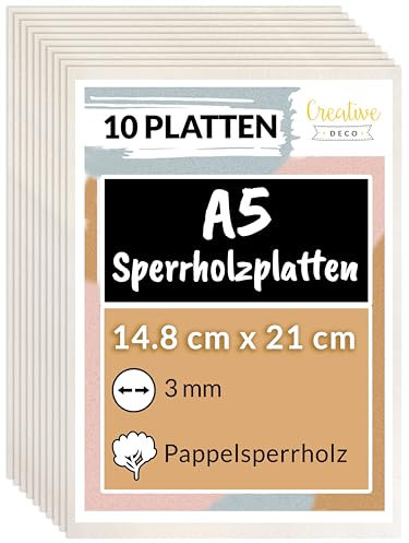 Creative Deco 10 x A5 Sperrholzplatte 3mm Pappelsperrholz | 148 x 210 (+/- 2) mm | Dünne Holz-Zuschnitte | Perfektes Blatt für Laubsäge, Brandmalerei, Laserschnitt, CNC Router, Durchbrochenes