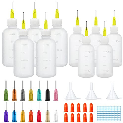 cersaty® 10 Frascos con Agujas, Frasco Aplicador 50ml/100ml con 14 Agujas,10 Tapones,3 Embudos,1 Etiqueta para DIY,Manualidades, Pintura Acrílica,Pegamentos