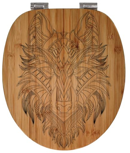 banjado® Hochwertig gravierter Design WC Sitz Bambus Absenkautomatik Wolf/Toilettendeckel mit Absenkautomatik Holz/Bambus Klodeckel/WC-Sitz für alle gängigen Toiletten