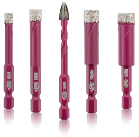 QUEFORET Punte Diamantate Gres Porcellanato 5 Pezzi - 4 Pezzi 6/8/10/12mm Punte Trapano, 1 Pezzo 6mm Punta in Carburo per Porcellana Piastrelle Ceramica Marmo Granito, Gambo Esagonale a Cambio Rapido